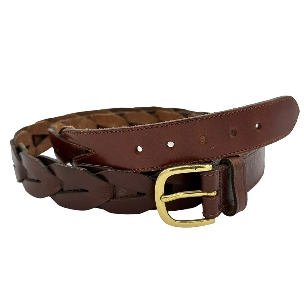 Brown Braided Woven Leather‎ Belt With Brass Buckle Size Medium